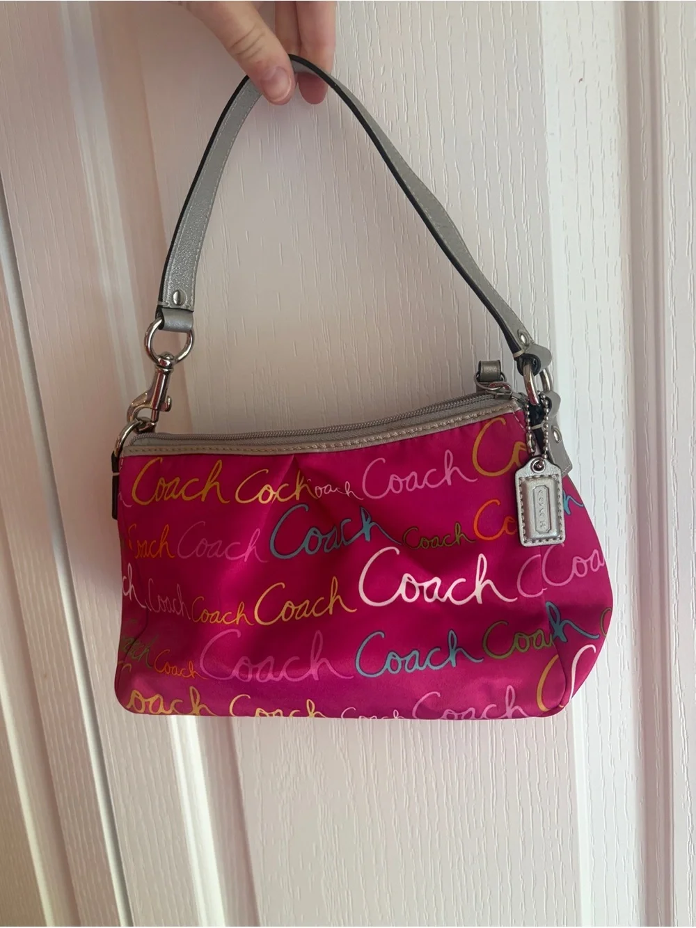 Coach Y2K Hot Pink Multicolor Script Shoulder Bag with Silver Trim